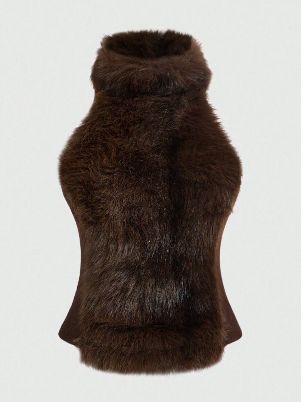 Brown Casual Women's Backless Contrast Faux Fur Crop Sheer Mesh Halter Camisole